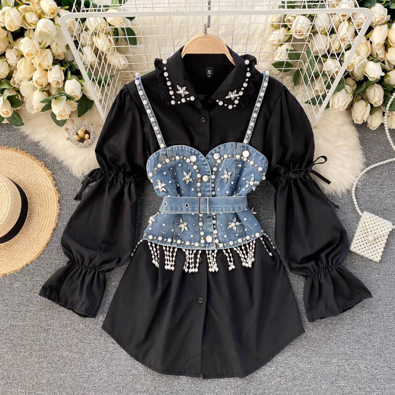 Two Piece Outfits for Women 2022 Ne Blouse Female Lapel Beaded Stacking Bead Blusa Denim Sling Vest Fashion Two-piece Shirt
Two Piece Outfits for Women 2022 Ne Blouse Female Lapel Beaded Stacking Bead Blusa Denim Sling Vest Fashion Two-piece Shirt
