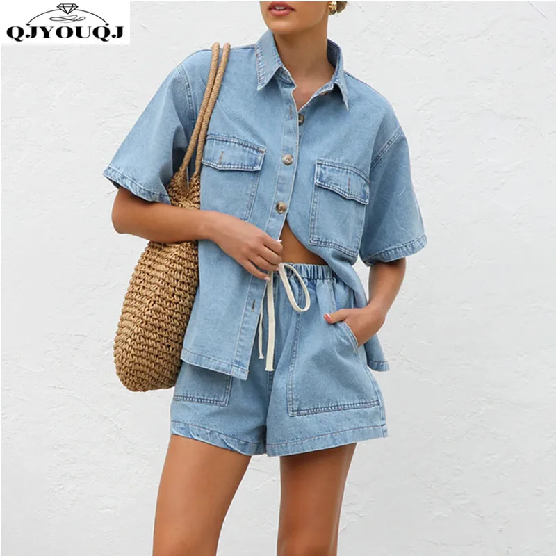 European and American cross-border retro casual loose pocket short sleeved top+shorts denim two-piece set
European and American cross-border retro casual loose pocket short sleeved top+shorts denim two-piece set