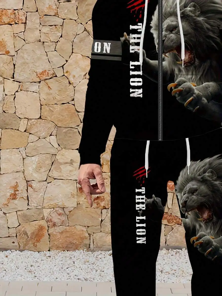 Mens Lion Print Zipper Hoodie And Sweatpants Set Casual 2-Piece Polyester Tracksuit
Mens Lion Print Zipper Hoodie And Sweatpants Set Casual 2-Piece Polyester Tracksuit