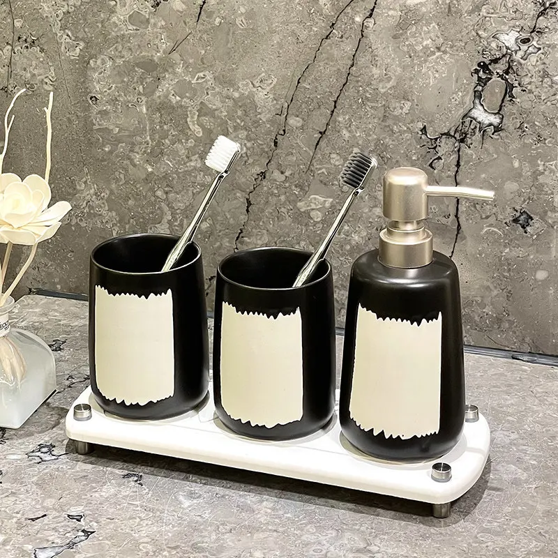 Black-and-white Ceramic Bathroom Set Soap Dispenser Tumbler with Tray Home Decoration Tooth Cup Emulsion Bottle Mouthwash Cup
Black-and-white Ceramic Bathroom Set Soap Dispenser Tumbler with Tray Home Decoration Tooth Cup Emulsion Bottle Mouthwash Cup