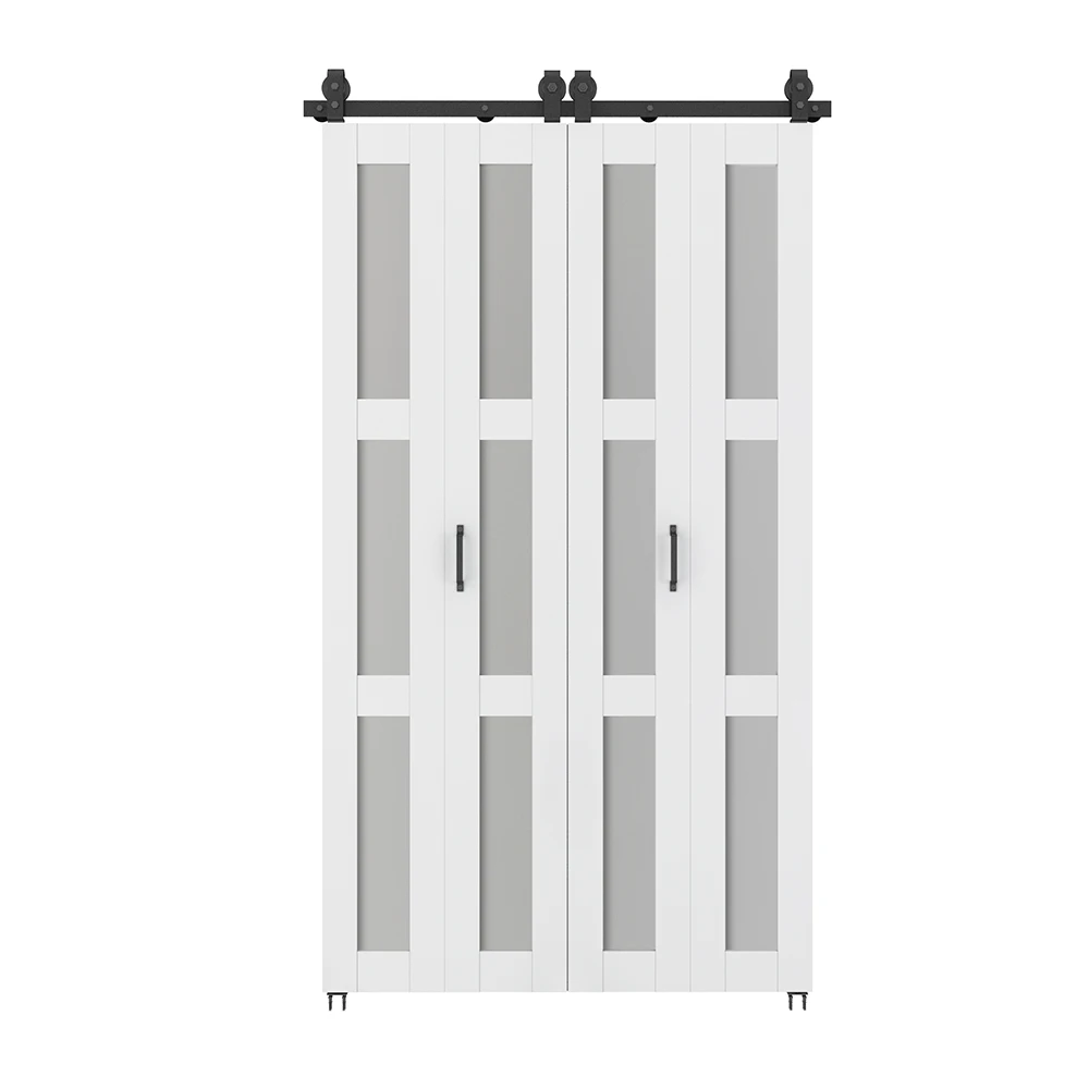 48 in. x 84 in. 3 Lite Pre Assembled Frosted Glass White MDF Double Bi-Fold Barn Doors with Hardware Kit and Door Handle
48 in. x 84 in. 3 Lite Pre Assembled Frosted Glass White MDF Double Bi-Fold Barn Doors with Hardware Kit and Door Handle