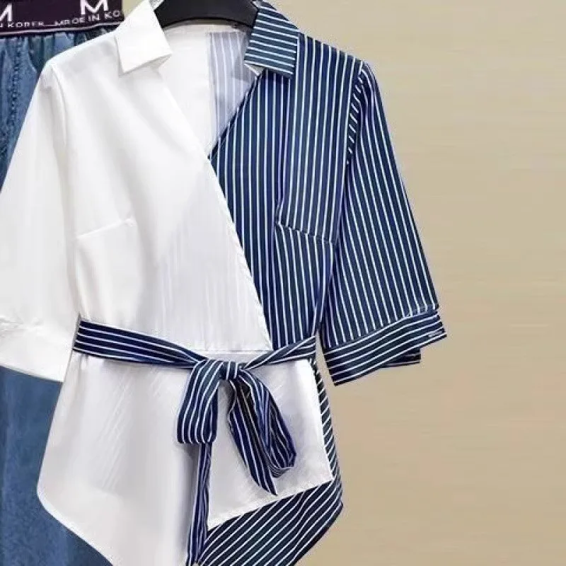 Unique Color Block Blue Striped Shirts Summer Seven Quarter Sleeves V-neck POLO Shirt Asymmetric Casual Women Blouse Sweet 2025
Unique Color Block Blue Striped Shirts Summer Seven Quarter Sleeves V-neck POLO Shirt Asymmetric Casual Women Blouse Sweet 2025