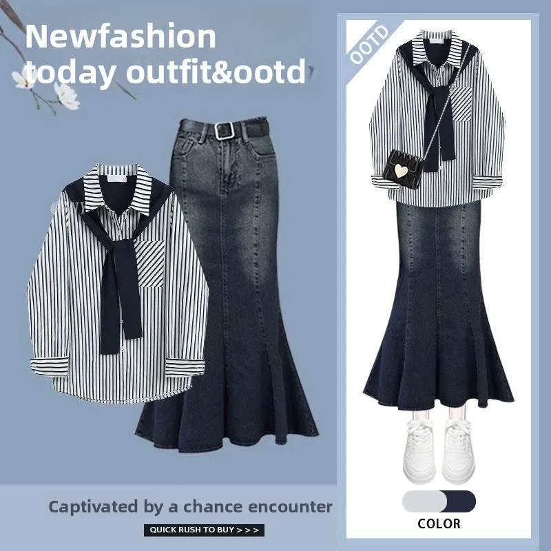 Spring High Waist Denim Fish Tail Skirt And Shirt Set Women's Fake Two-Piece Slimming Ensemble Long Sleeve Collar Button up
Spring High Waist Denim Fish Tail Skirt And Shirt Set Women's Fake Two-Piece Slimming Ensemble Long Sleeve Collar Button up