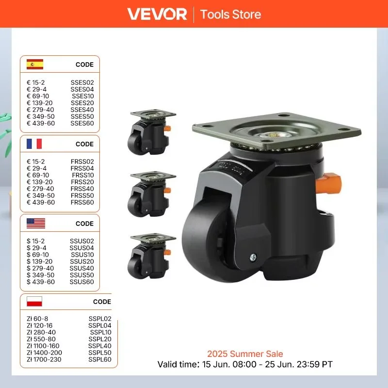 VEVOR 4 Pcs Leveling Casters Heavy Duty Swivel Caster Wheels with Handle Design Height Adjustable Feet for Workbench Machine
VEVOR 4 Pcs Leveling Casters Heavy Duty Swivel Caster Wheels with Handle Design Height Adjustable Feet for Workbench Machine