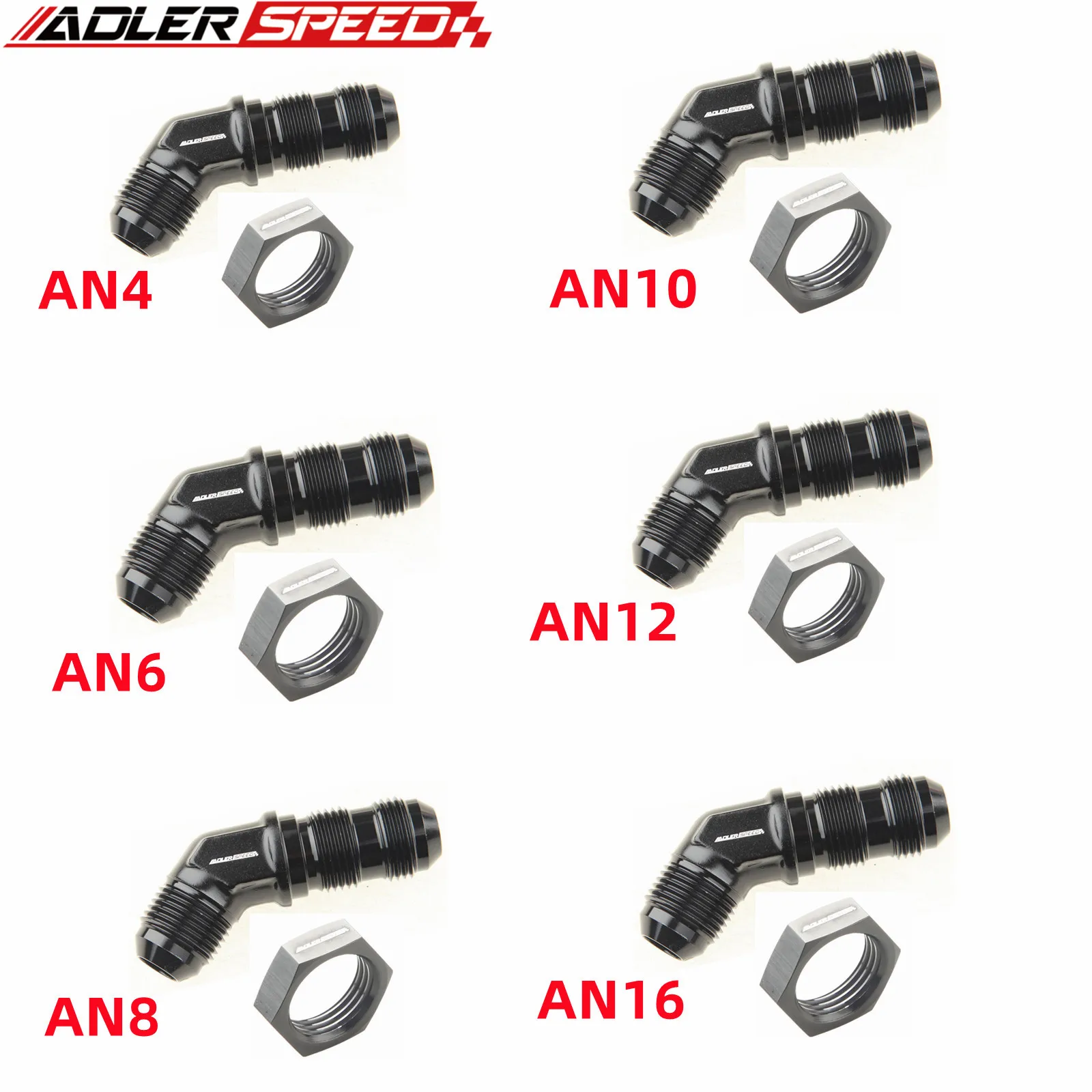 Aluminum 45 Degree 6AN 8AN 10AN 12AN Male Flare Union Bulkhead Fuel Fitting Adapter with Bulkhead Nut, Black/Blue
Aluminum 45 Degree 6AN 8AN 10AN 12AN Male Flare Union Bulkhead Fuel Fitting Adapter with Bulkhead Nut, Black/Blue