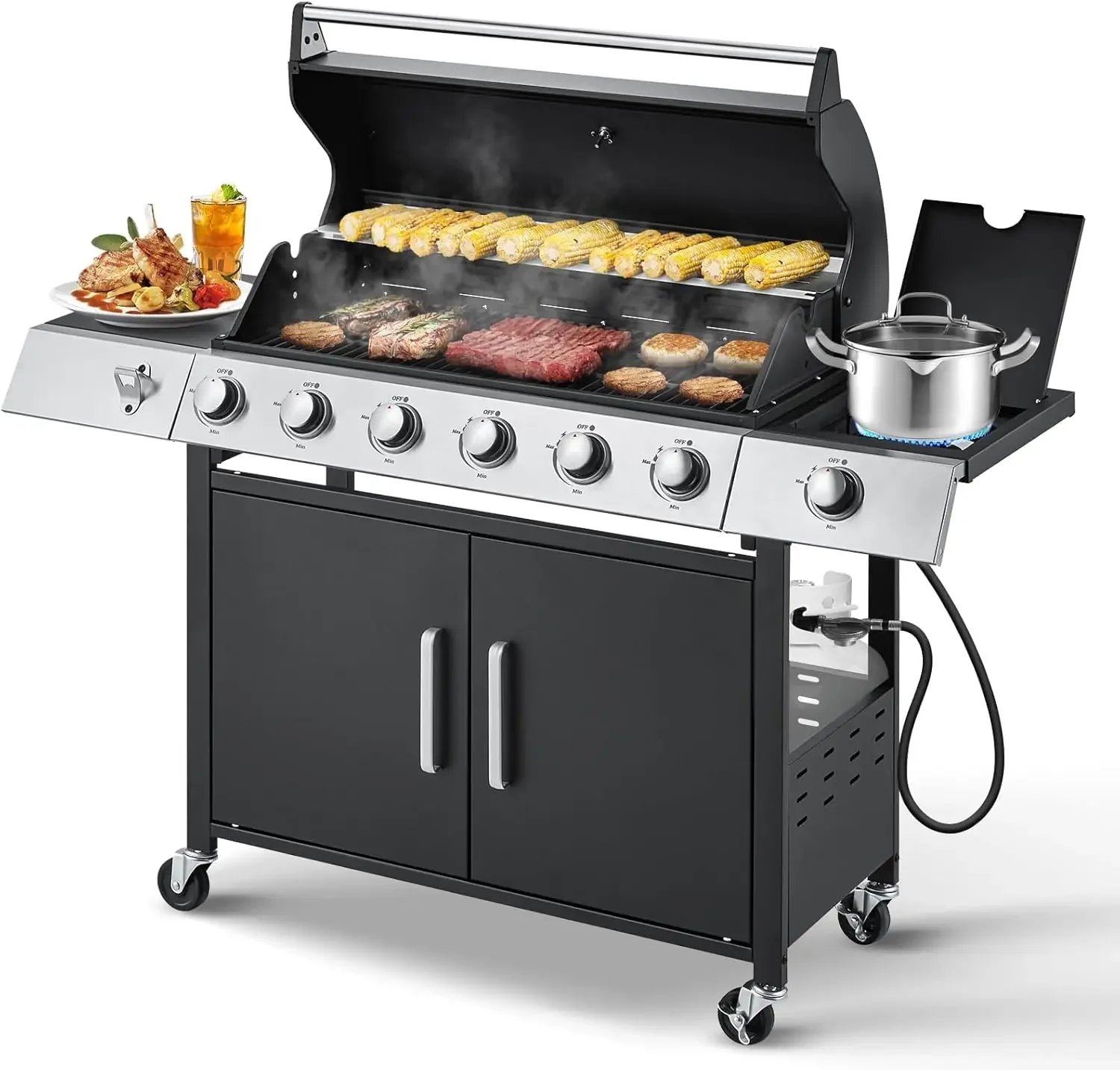 Upgraded 60,000 BTU Stainless Steel Burner Barbecue Grill, 6 Burner BBQ Propane Gas Grill with Side Stove & Cast Iron Grates for
Upgraded 60,000 BTU Stainless Steel Burner Barbecue Grill, 6 Burner BBQ Propane Gas Grill with Side Stove & Cast Iron Grates for