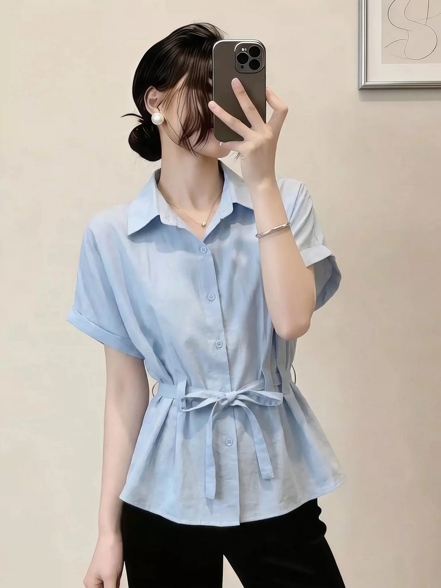 Light Blue V-Neck Short Sleeve Shirt Women's plus Size Slimming Waist Design Spring Summer New Style Commute Style Casual Shirt
Light Blue V-Neck Short Sleeve Shirt Women's plus Size Slimming Waist Design Spring Summer New Style Commute Style Casual Shirt