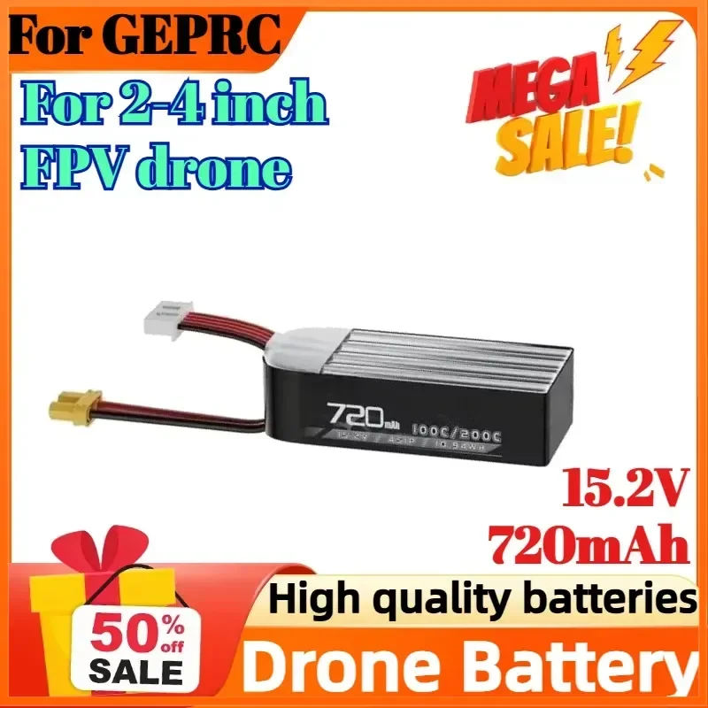 4S 15.2V 720mAh 100C Battery for GEPRC Lithium High Voltage XT30 for 2-4 inch Series Drone RC FPV Quadcopter Accessories
4S 15.2V 720mAh 100C Battery for GEPRC Lithium High Voltage XT30 for 2-4 inch Series Drone RC FPV Quadcopter Accessories