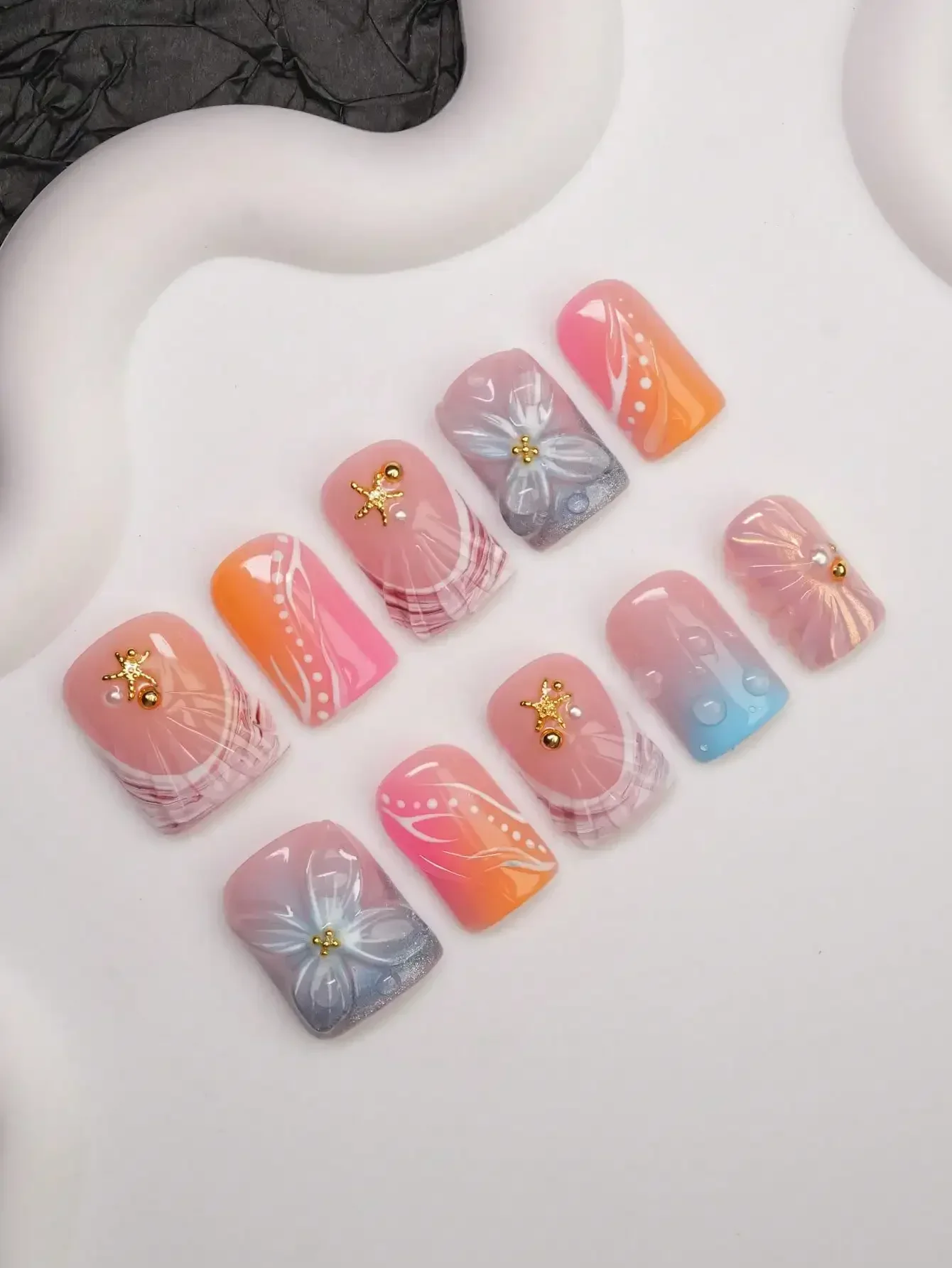 10pcs Square Shaped Handmade Nail Tips, Y2K Baddie Style, Nude, Pink, Orange, Blue Colors With French Edge, Water Drop, Carved Patterns, Hand-Painted Designs, Starfish Elements, Suitable For Party, Wedding, Daily Wear, Comes With Tool Kit, Great Gift For
10pcs Square Shaped Handmade Nail Tips, Y2K Baddie Style, Nude, Pink, Orange, Blue Colors With French Edge, Water Drop, Carved Patterns, Hand-Painted Designs, Starfish Elements, Suitable For Party, Wedding, Daily Wear, Comes With Tool Kit, Great Gift For