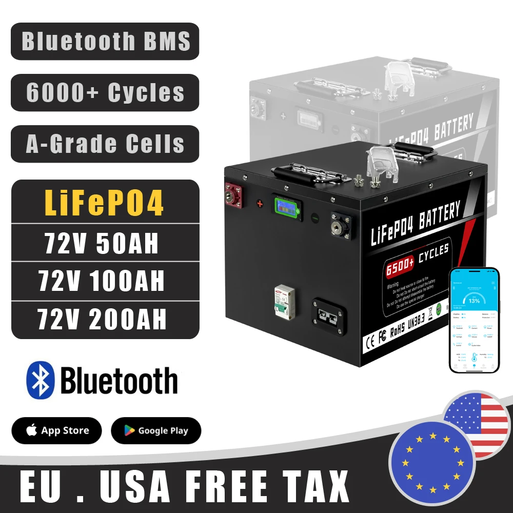 72V 50Ah 100Ah LiFePO4 Battery Pack Built-in Bluetooth BMS For Golf cart, scooter, motorcycle, tricycle Boat No Tax 
72V 50Ah 100Ah LiFePO4 Battery Pack Built-in Bluetooth BMS For Golf cart, scooter, motorcycle, tricycle Boat No Tax