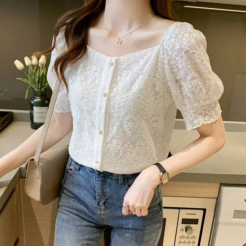 Elegant Square Collar Puff Short Sleeves Women Blouses Korean Chic White Lace Hollow Out Blouse Shirt 2025 New Summer Tops
Elegant Square Collar Puff Short Sleeves Women Blouses Korean Chic White Lace Hollow Out Blouse Shirt 2025 New Summer Tops