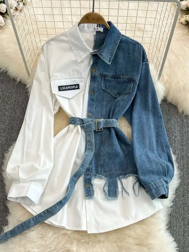 Vintage Shirt Women Spring Autumn with Belt Turn Down Collar Blocked Denim Shirt Female Streetwear Casual Mid Length Top
Vintage Shirt Women Spring Autumn with Belt Turn Down Collar Blocked Denim Shirt Female Streetwear Casual Mid Length Top
