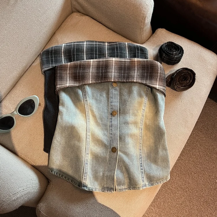 Slimming Effect American Hong Kong Style Retro Hot Girl Plaid Splicing Denim Tube Top Women's Summer Design Vest Tops
Slimming Effect American Hong Kong Style Retro Hot Girl Plaid Splicing Denim Tube Top Women's Summer Design Vest Tops