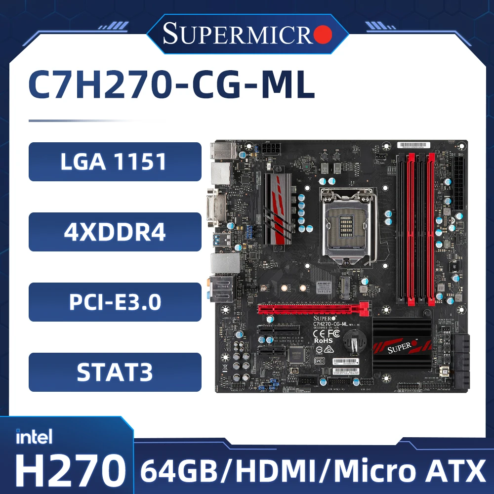 Supermicro C7H270-CG-ML Motherboard Support i7-7700K i5-7600 i5-6500 i3-7100 CPU 4xDDR4 2400Mhz 64GB HDMI LGA1151 mATX Mainboard
Supermicro C7H270-CG-ML Motherboard Support i7-7700K i5-7600 i5-6500 i3-7100 CPU 4xDDR4 2400Mhz 64GB HDMI LGA1151 mATX Mainboard