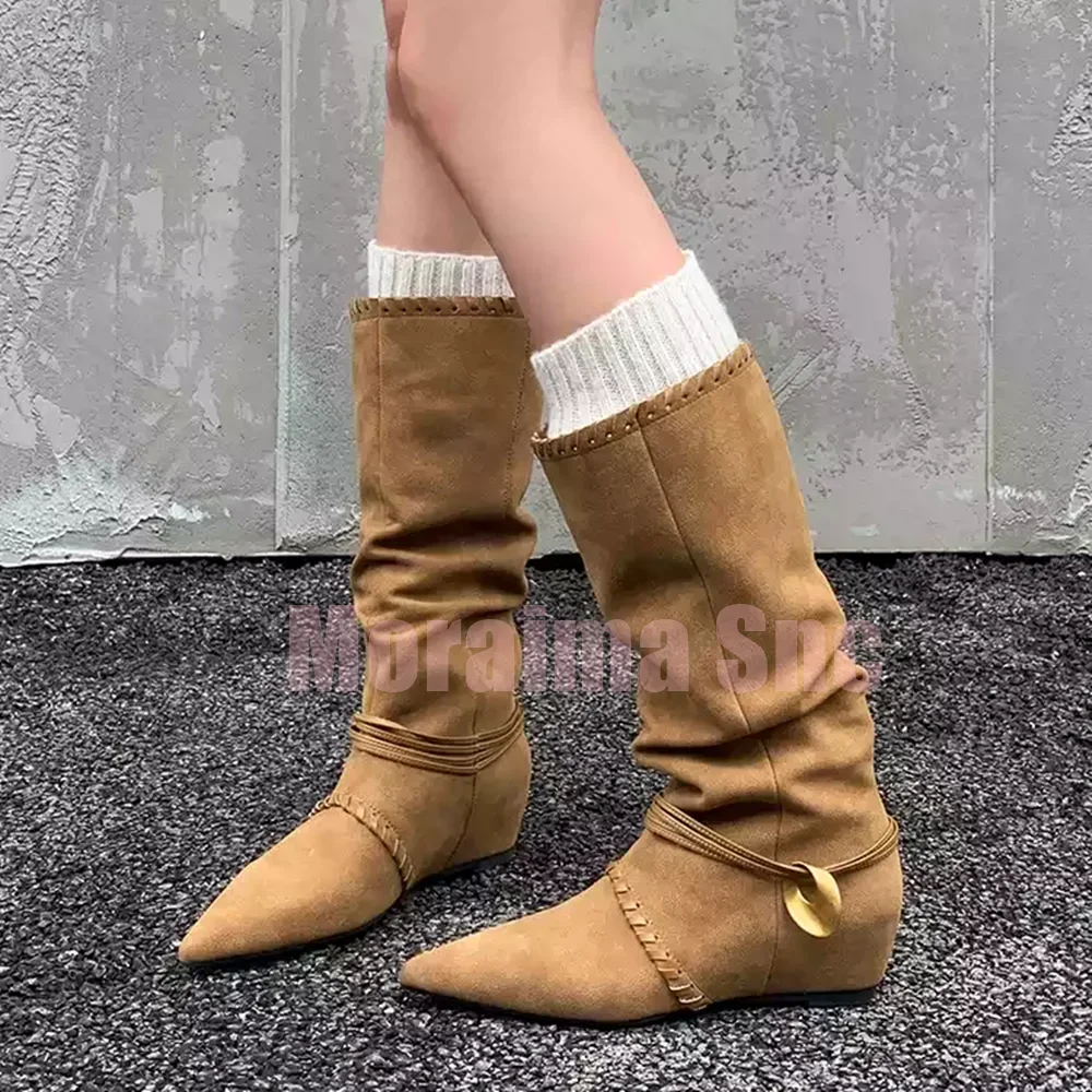 Pointed Toe Narrow Band Mid-calf Boots Metal Decor Increasing Height Suede Leather Brown Solid Fashion Women's Short Boots 2025
Pointed Toe Narrow Band Mid-calf Boots Metal Decor Increasing Height Suede Leather Brown Solid Fashion Women's Short Boots 2025