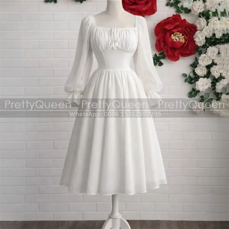 White Chiffon Short Bridesmaid Dresses Puffy A Line Long Sleeves Customized Square Neck Tea Length Wedding Party Dress
White Chiffon Short Bridesmaid Dresses Puffy A Line Long Sleeves Customized Square Neck Tea Length Wedding Party Dress