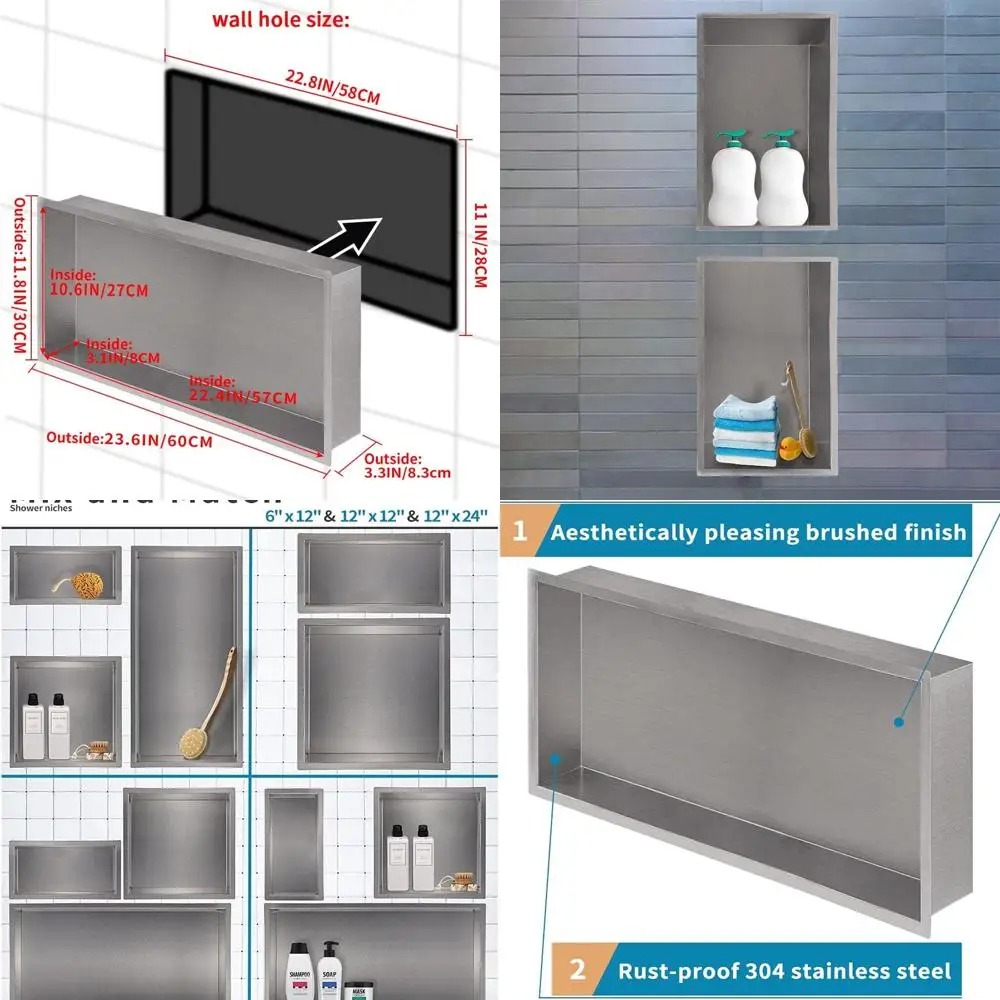 24x12 Recessed Shower Shelf - Brushed Stainless Steel Caddy for 22.8x11 Wall Opening
24x12 Recessed Shower Shelf - Brushed Stainless Steel Caddy for 22.8x11 Wall Opening