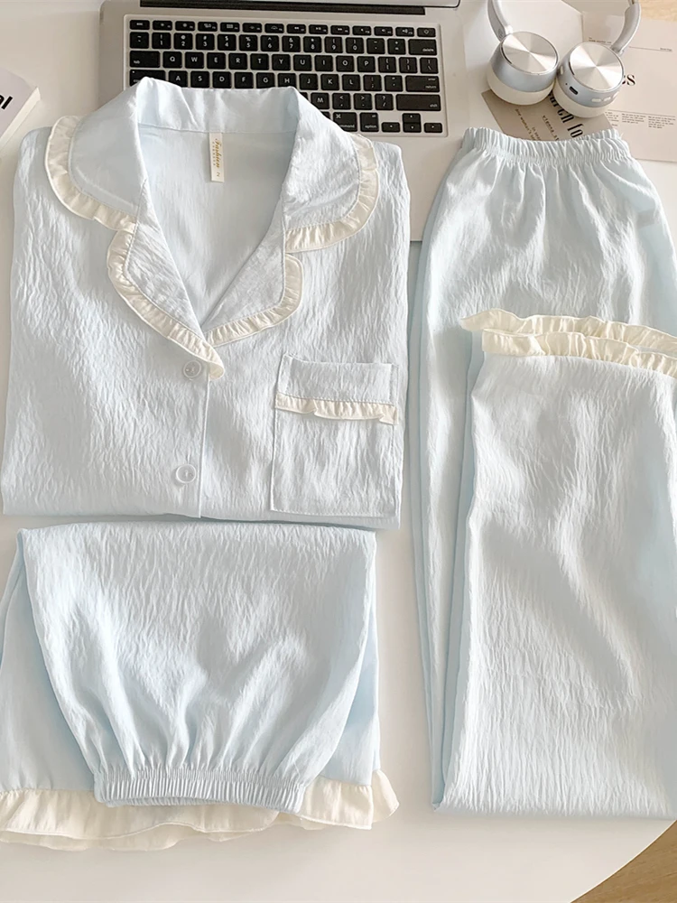 Simple Summer Sleepwear Women's Short Sleeve Shorts Sweet High-End Blue Three-Piece Set Thin Home Clothes Casual Cloud Cotton
Simple Summer Sleepwear Women's Short Sleeve Shorts Sweet High-End Blue Three-Piece Set Thin Home Clothes Casual Cloud Cotton