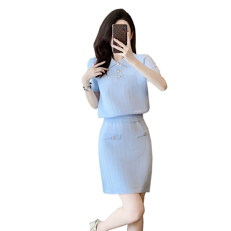 Women's Summer Blue Knitted 2 pcs Set Polo Neck Short sleeved T-shirt+High Waist Wrapped Hip Dress Casual Set
Women's Summer Blue Knitted 2 pcs Set Polo Neck Short sleeved T-shirt+High Waist Wrapped Hip Dress Casual Set