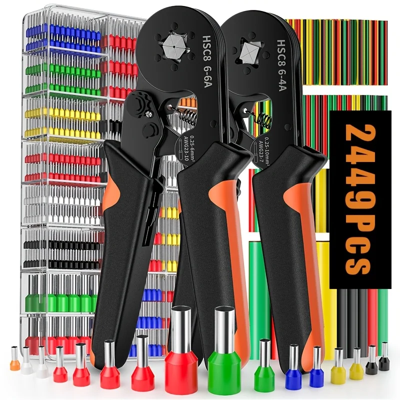 2449pcs Heavy-Duty Ferrule Crimping Tool with Self-Adjustable Ratchet Mechanism-Terminal Crimping Pliers Set, 2120Wire Connectors&328 Heat Shrinkable Sleeve, Automotive Industrial Electrical Wiring, Non-Electric-Ideal for DIY&Professional Electrician
2449pcs Heavy-Duty Ferrule Crimping Tool with Self-Adjustable Ratchet Mechanism-Terminal Crimping Pliers Set, 2120Wire Connectors&328 Heat Shrinkable Sleeve, Automotive Industrial Electrical Wiring, Non-Electric-Ideal for DIY&Professional Electrician