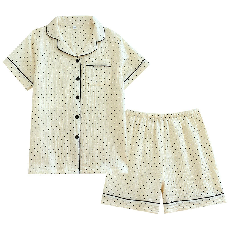 2pcs Women's Pajama Set Casual Style 100% Crepe Cotton Polka Dot Open Front Short Sleeve & Shorts Lightweight Soft Loungewear Fo
2pcs Women's Pajama Set Casual Style 100% Crepe Cotton Polka Dot Open Front Short Sleeve & Shorts Lightweight Soft Loungewear Fo