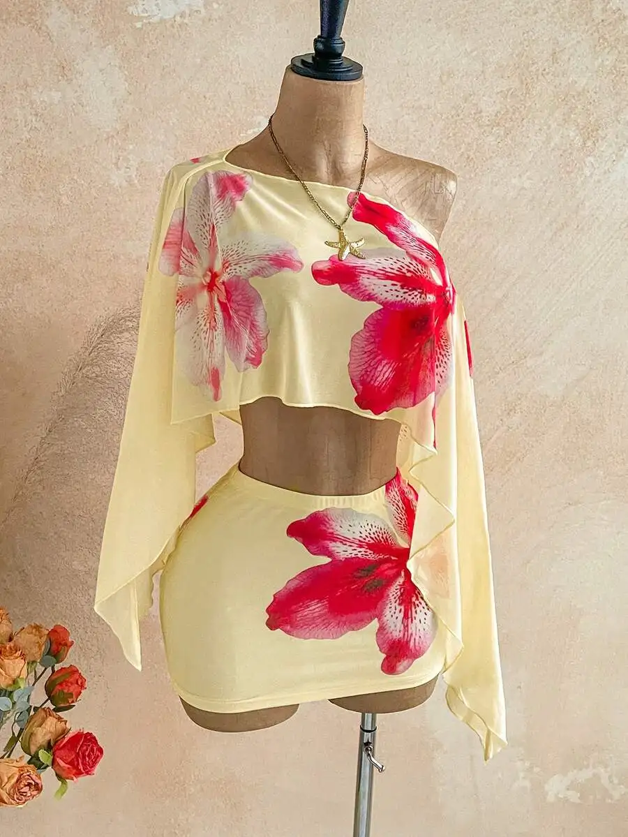 Floral Sheer Asymmetric Shoulder Top And Ruched Waist Skirt Set For Women Summer Festival Beach Outfit
Floral Sheer Asymmetric Shoulder Top And Ruched Waist Skirt Set For Women Summer Festival Beach Outfit
