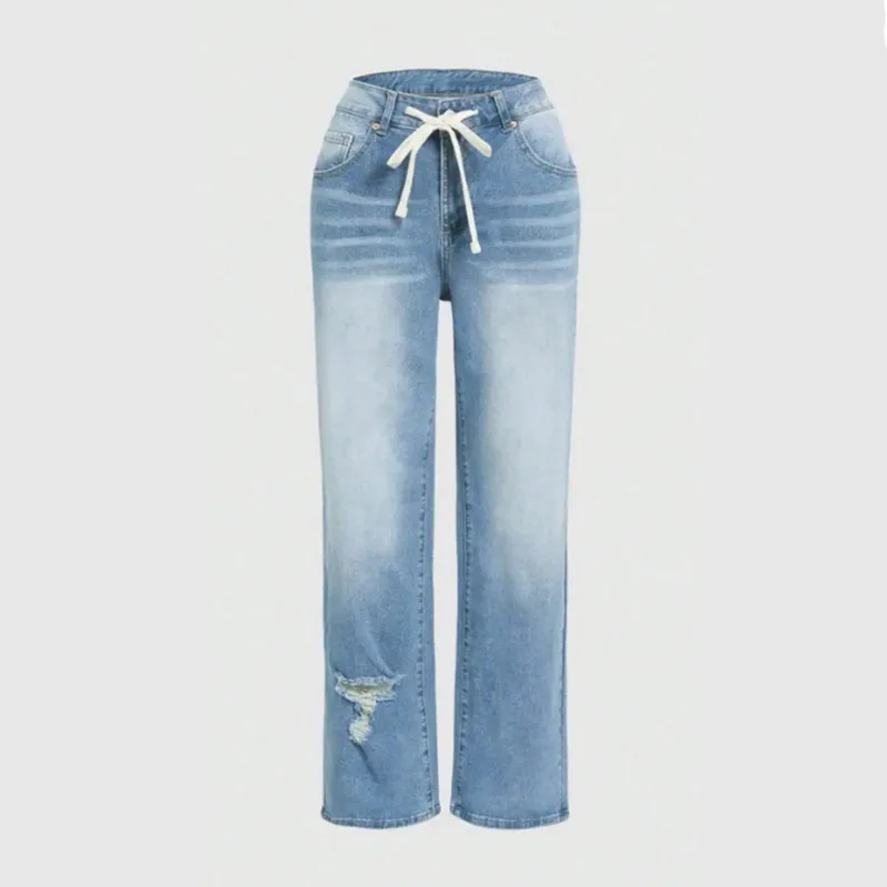 Женские универсальные прямые длинные брюки со средней талией, корейские осенние уличные повседневные свободные широкие рваные джинсы на шнуровке с завязками 
Женские универсальные прямые длинные брюки со средней талией, корейские осенние уличные повседневные свободные широкие рваные джинсы на шнуровке с завязками