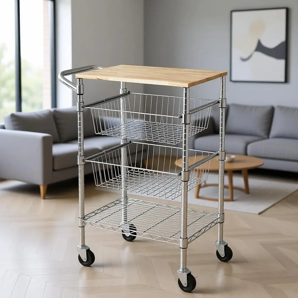 3-Tier Rolling Metal Cart with Wooden Top - Kitchen Storage Organizer, Portable, Silver
3-Tier Rolling Metal Cart with Wooden Top - Kitchen Storage Organizer, Portable, Silver