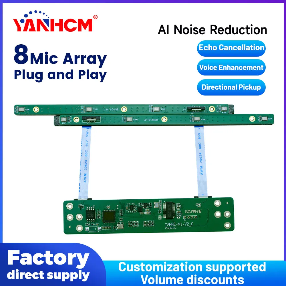 YANHCM 8 Mic Array Module USB Microphone Plug and Play AI Noise Reduction Voice Enhancement mic array module Echo Cancellation