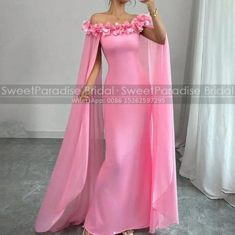 Cloak Evening Dress With Flowers Off Shoulder Pink Chiffon Customized Long Sheath Masquerade Dresses Party For Women
Cloak Evening Dress With Flowers Off Shoulder Pink Chiffon Customized Long Sheath Masquerade Dresses Party For Women