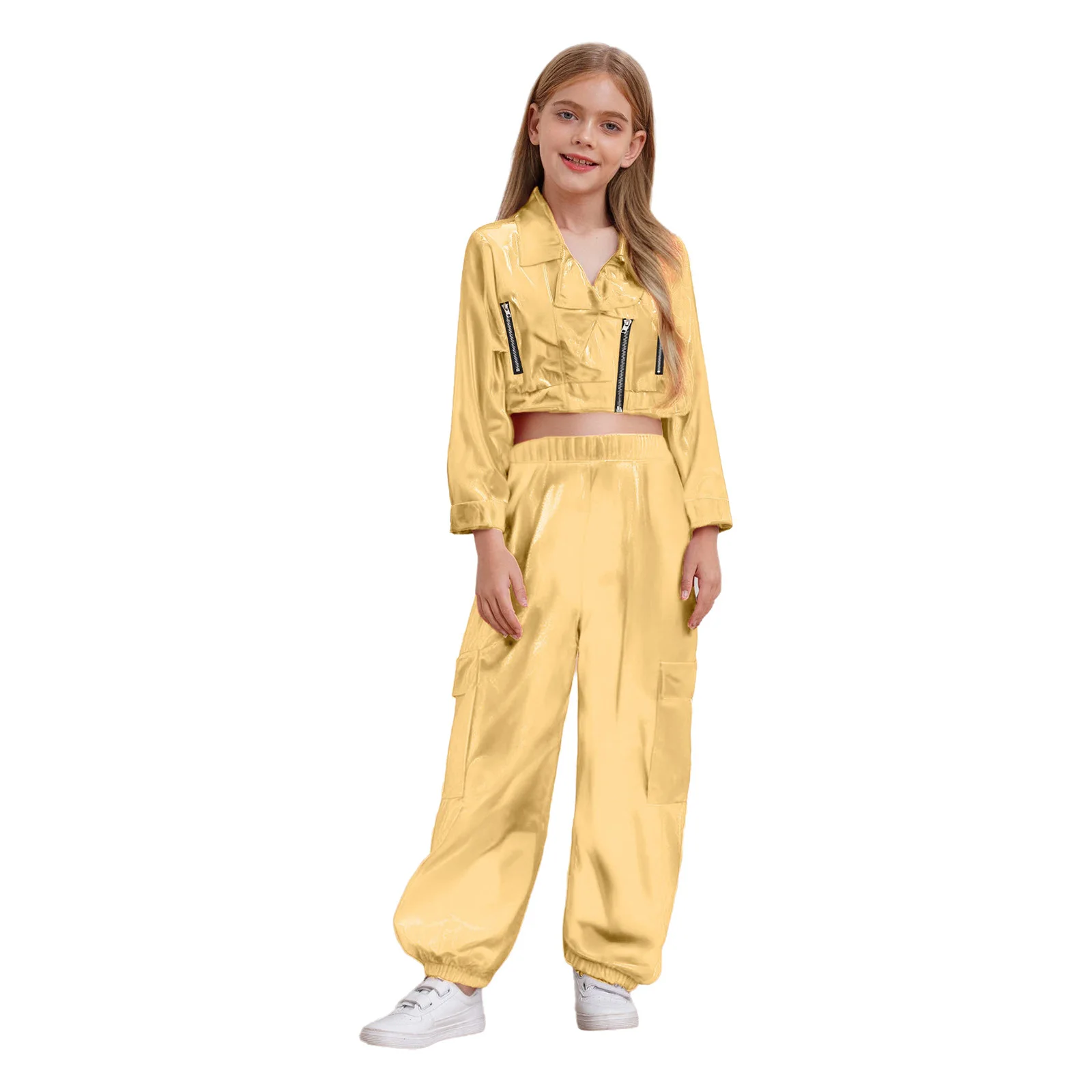 Kids Girls Boys Hip-Hop Jazz Dance Outfit Holography Shiny Metallic Turn-Down Collar Long Sleeve Jacket Coat Outwear+Pants 2Pcs
Kids Girls Boys Hip-Hop Jazz Dance Outfit Holography Shiny Metallic Turn-Down Collar Long Sleeve Jacket Coat Outwear+Pants 2Pcs