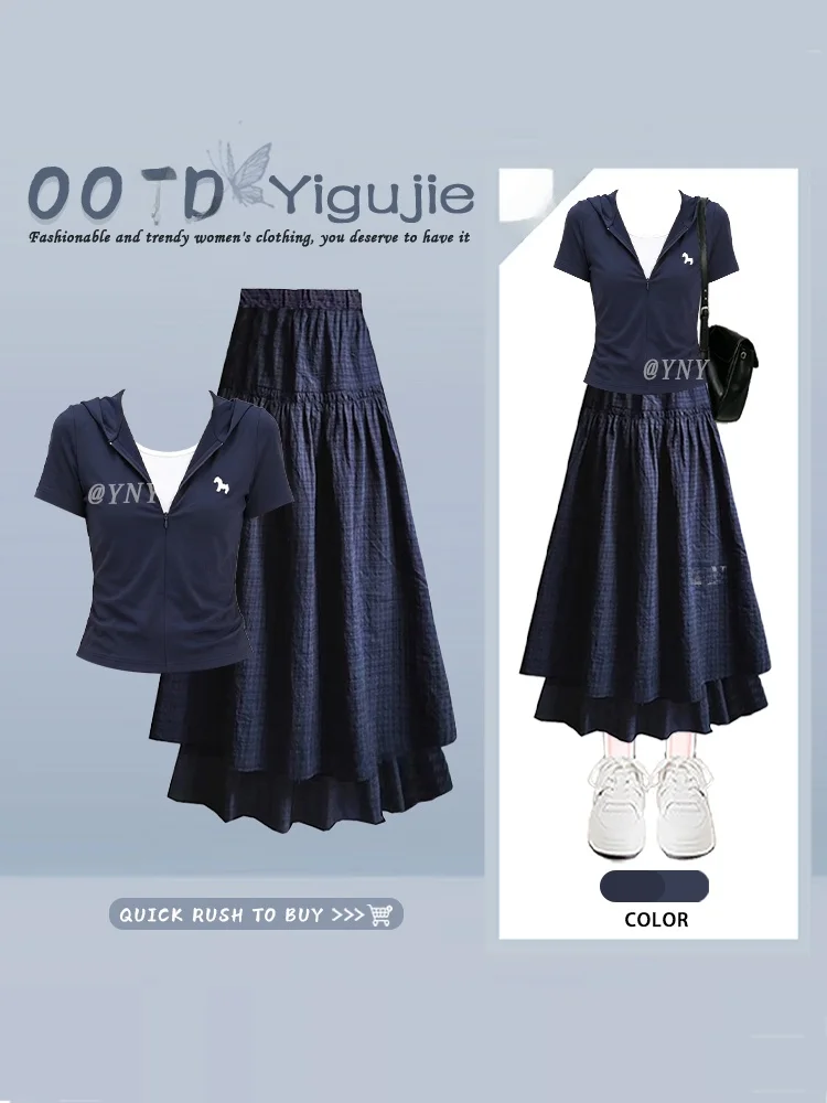 College Style Korean Fake Two-Piece Short Sleeve Zipper Slim Fit Top Summer Vintage Blue Plaid Skirt Two-Piece Set Women...
College Style Korean Fake Two-Piece Short Sleeve Zipper Slim Fit Top Summer Vintage Blue Plaid Skirt Two-Piece Set Women...