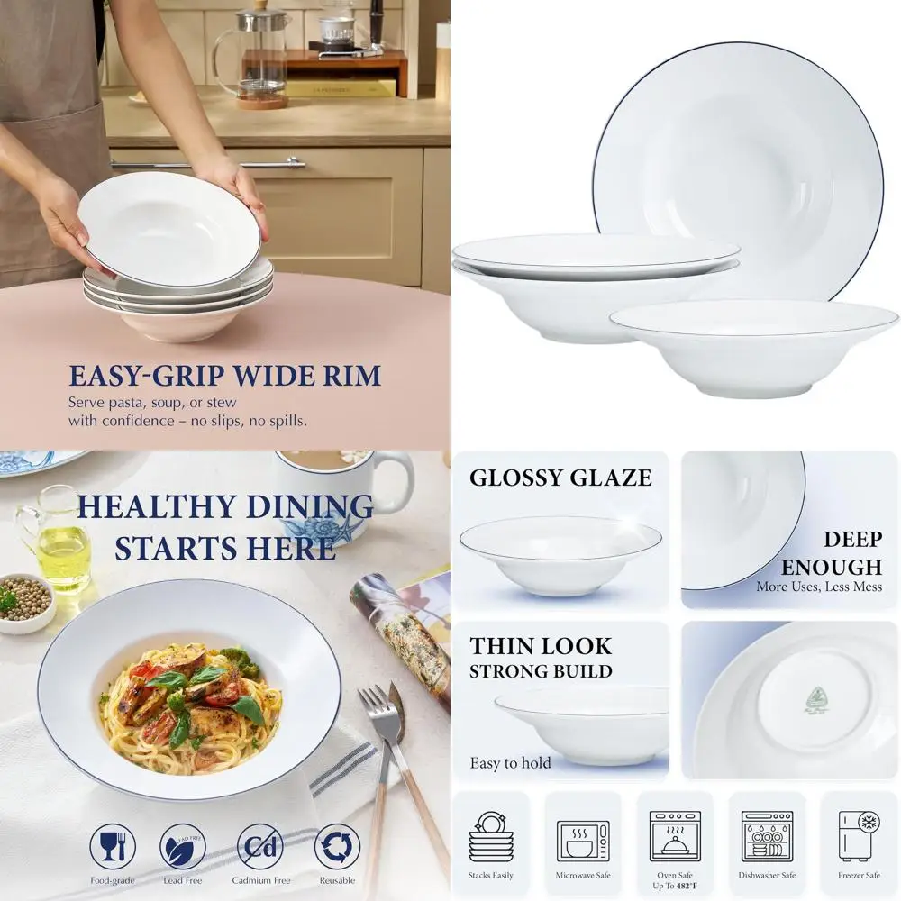 Set of 4 White Porcelain Pasta Bowls, 12.5 Oz - 9 Blue Rimmed Soup & Salad Bowls, Dishwasher and Microwave Safe
Set of 4 White Porcelain Pasta Bowls, 12.5 Oz - 9 Blue Rimmed Soup & Salad Bowls, Dishwasher and Microwave Safe