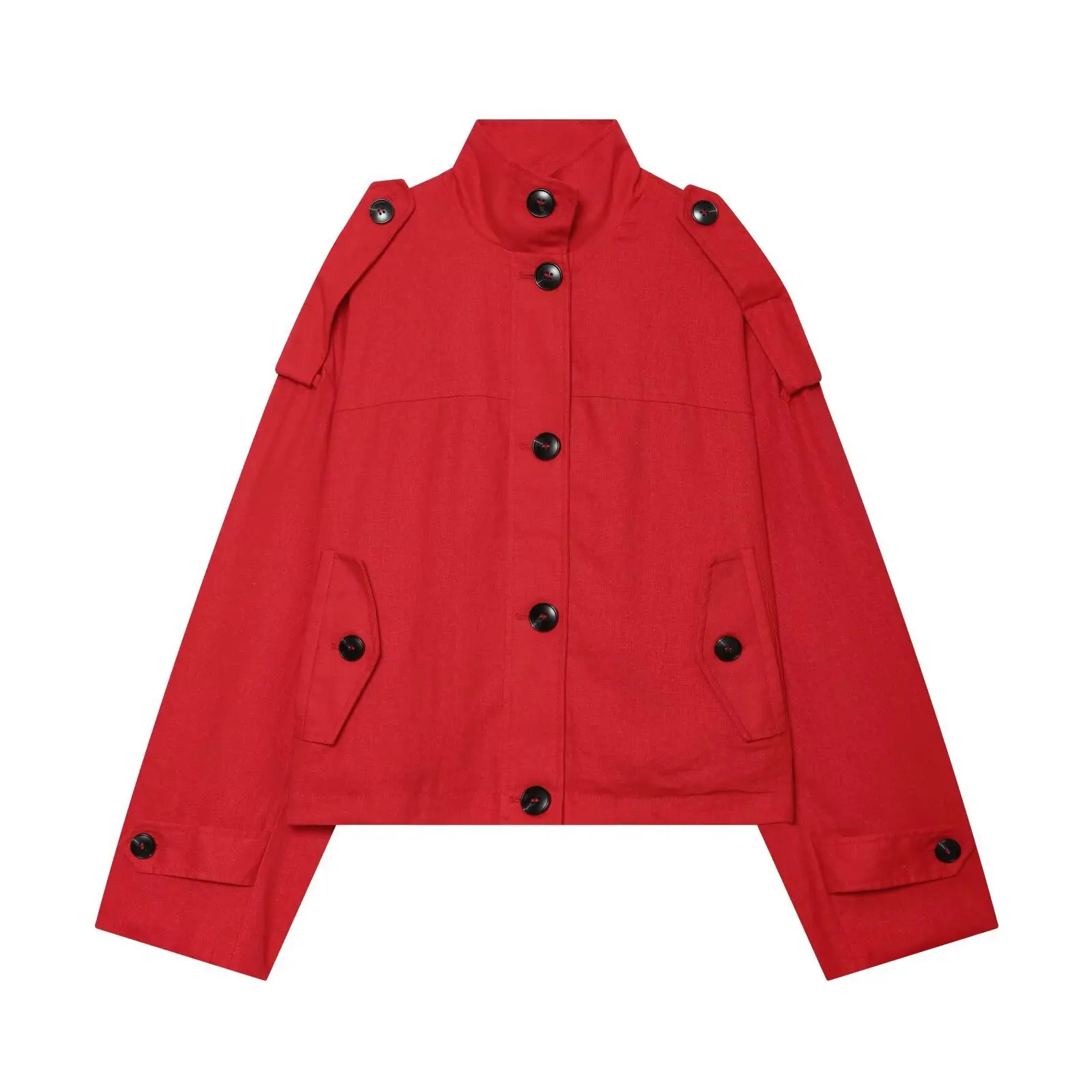 Bright Red Jacket Stand Collar Epaulet Shoulder Black Buttons Diagonal Flap Pockets Loose Vintage Streetwear Women Outerwear
Bright Red Jacket Stand Collar Epaulet Shoulder Black Buttons Diagonal Flap Pockets Loose Vintage Streetwear Women Outerwear