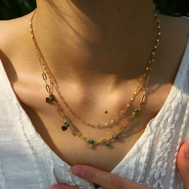 Double Layer Stainless Steel Chains Splice Necklace Heart Charm Beaded Necklace Green Stone Pendant Paperclip Chain Choker
Double Layer Stainless Steel Chains Splice Necklace Heart Charm Beaded Necklace Green Stone Pendant Paperclip Chain Choker