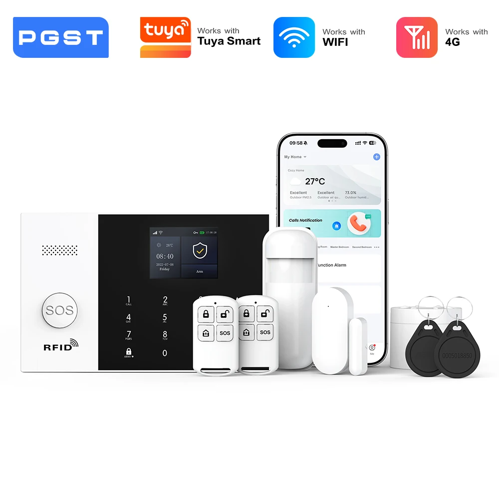 PGST 4G WiFi Alarm Security System Home Alarm System Security Protection Door Motion Sensor Works with Tuya Smart Life Alexa
PGST 4G WiFi Alarm Security System Home Alarm System Security Protection Door Motion Sensor Works with Tuya Smart Life Alexa