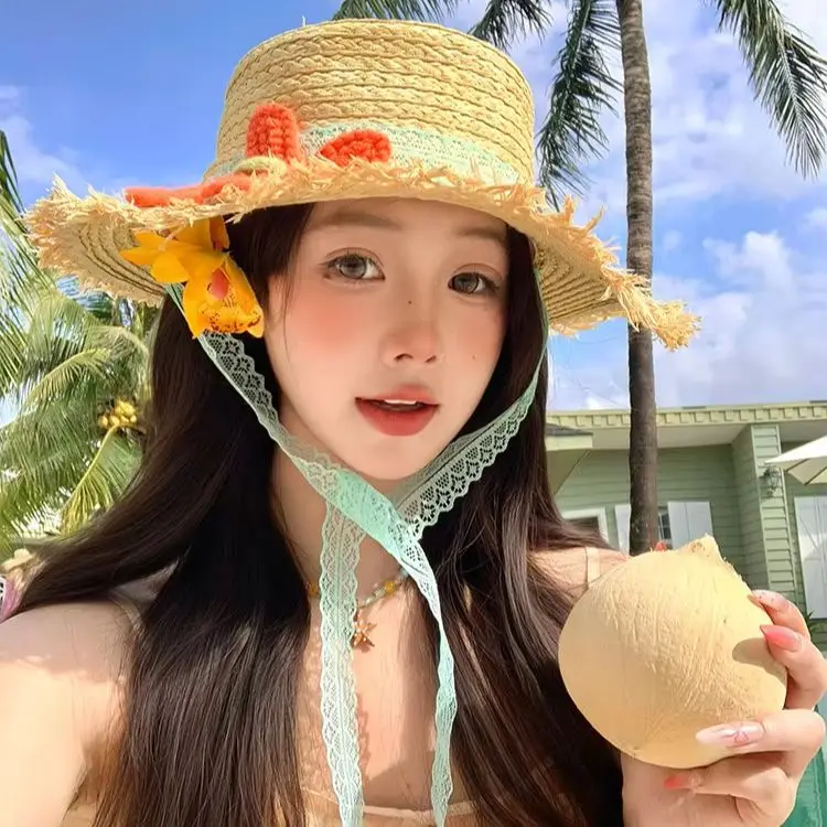 Women's Summer Wide-Brimmed Flat-Topped Woven Raffia Hat with Floral Lace Ribbon – Beach Sun Hat
Women's Summer Wide-Brimmed Flat-Topped Woven Raffia Hat with Floral Lace Ribbon – Beach Sun Hat
