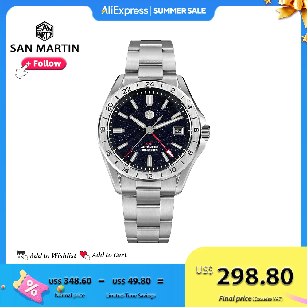San Martin Design GMT Luxury Men Watch Aventurine Gemstone Dial NH34 Stainless Steel Automatic Mechanical Wristwatch 100m SN0129
San Martin Design GMT Luxury Men Watch Aventurine Gemstone Dial NH34 Stainless Steel Automatic Mechanical Wristwatch 100m SN0129