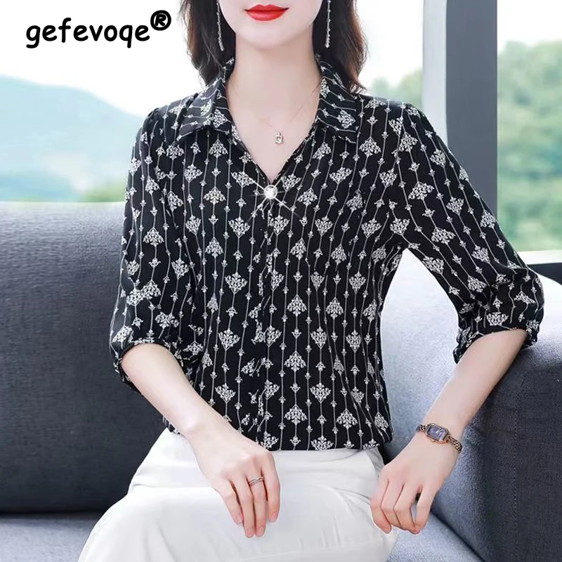Women Summer Korean Style Print Chic Elegant Blouses Casual Turn Down Collar 3/4 Sleeve Shirts Loose Tops Blusa Mujer Moda 2023
Women Summer Korean Style Print Chic Elegant Blouses Casual Turn Down Collar 3/4 Sleeve Shirts Loose Tops Blusa Mujer Moda 2023