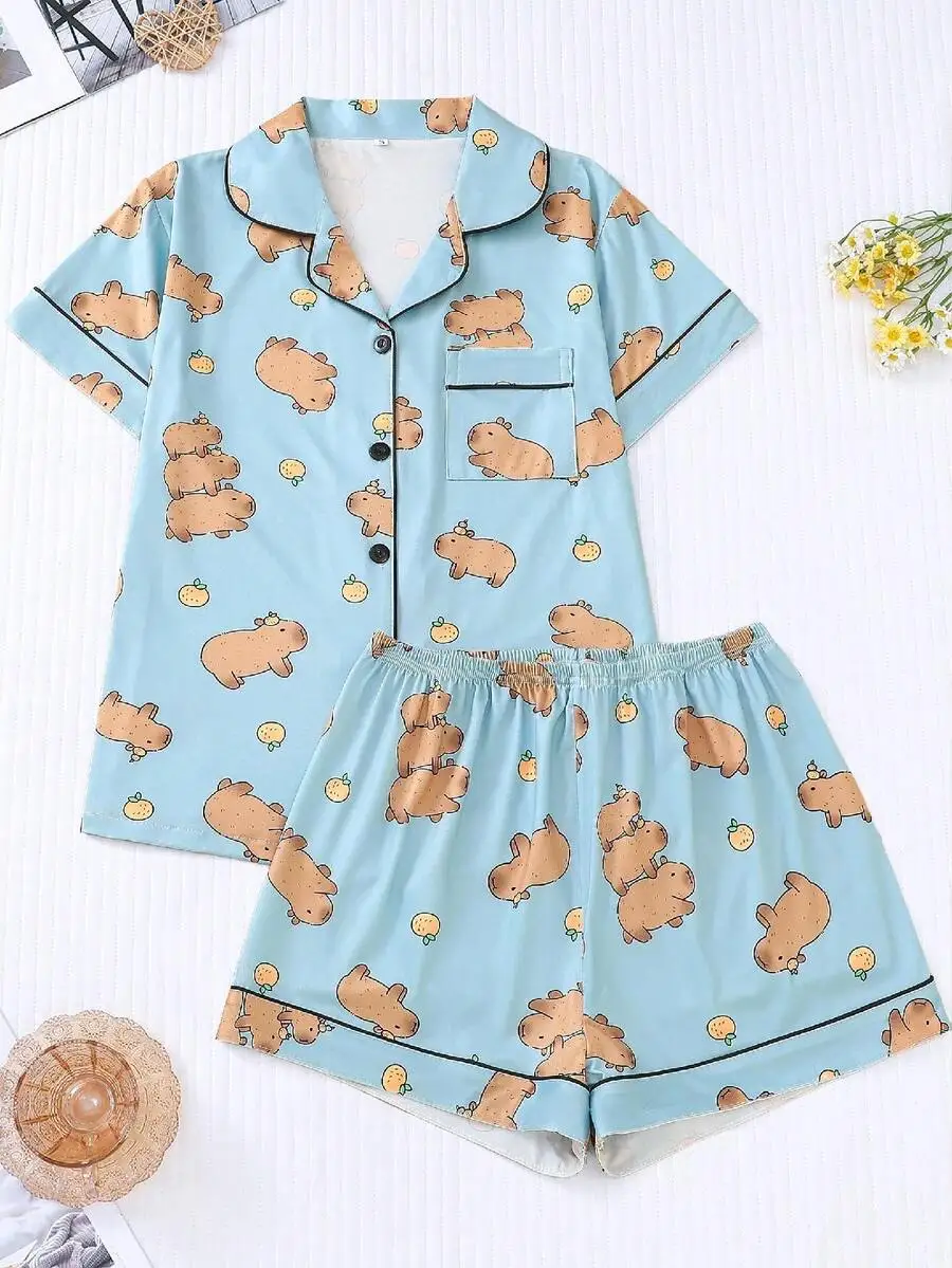 2pcs Cute Capybara Print Women Pajama Set Short Sleeve Lapel Top Elastic Waist Shorts Light Blue Lounge Wear
2pcs Cute Capybara Print Women Pajama Set Short Sleeve Lapel Top Elastic Waist Shorts Light Blue Lounge Wear