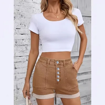 High Waist Button down Khaki Denim orts Women's Wide Leg Jeans Hot Pants American Sle Iron Free Tight Fit Teenager Summer
High Waist Button down Khaki Denim orts Women's Wide Leg Jeans Hot Pants American Sle Iron Free Tight Fit Teenager Summer