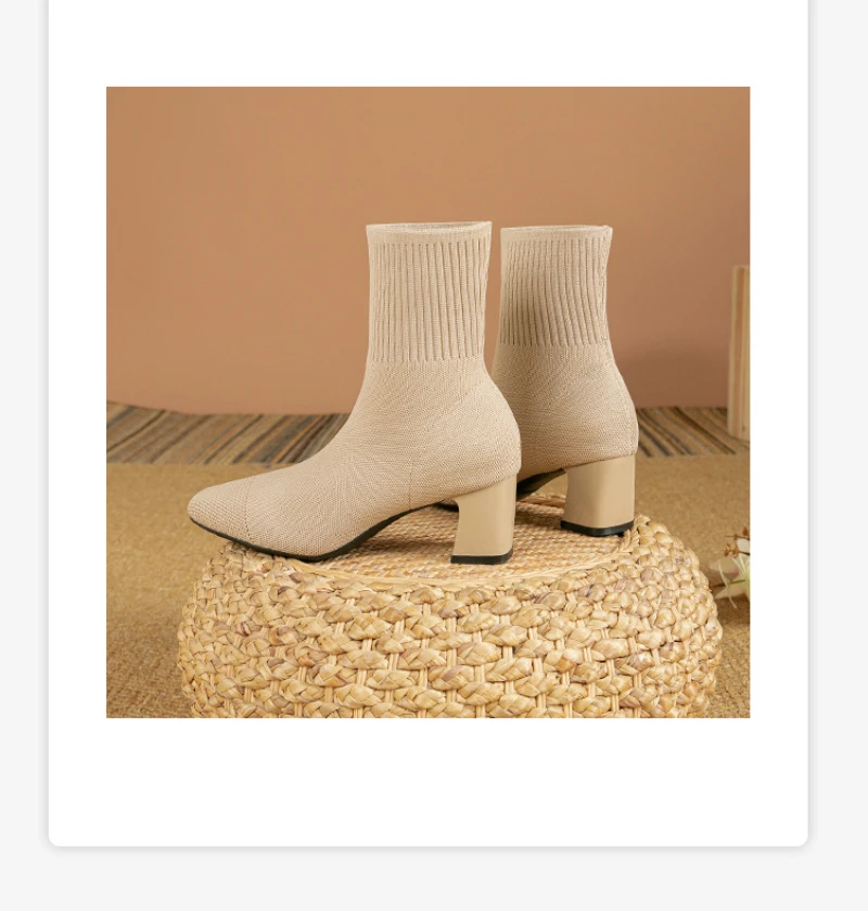 Black Square Toe Knit Sock Boots Elastic Slim Thick Block Heel High Heels Short Boots Fashion Autumn Casual Skinny Ankle Boots 24 S71460029fb634cec9dc665a6b6ab2e2eD