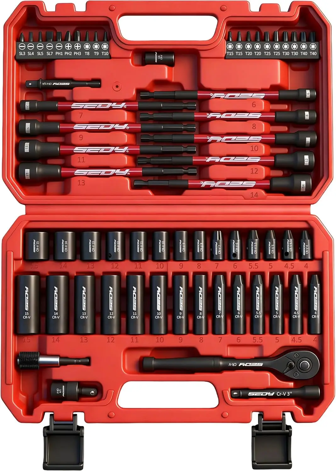 Набор метрических торцевых головок 1/4 дюйма из 63 предметов с гайковертами, ударными головками, трещоткой и аксессуарами
Набор метрических торцевых головок 1/4 дюйма из 63 предметов с гайковертами, ударными головками, трещоткой и аксессуарами