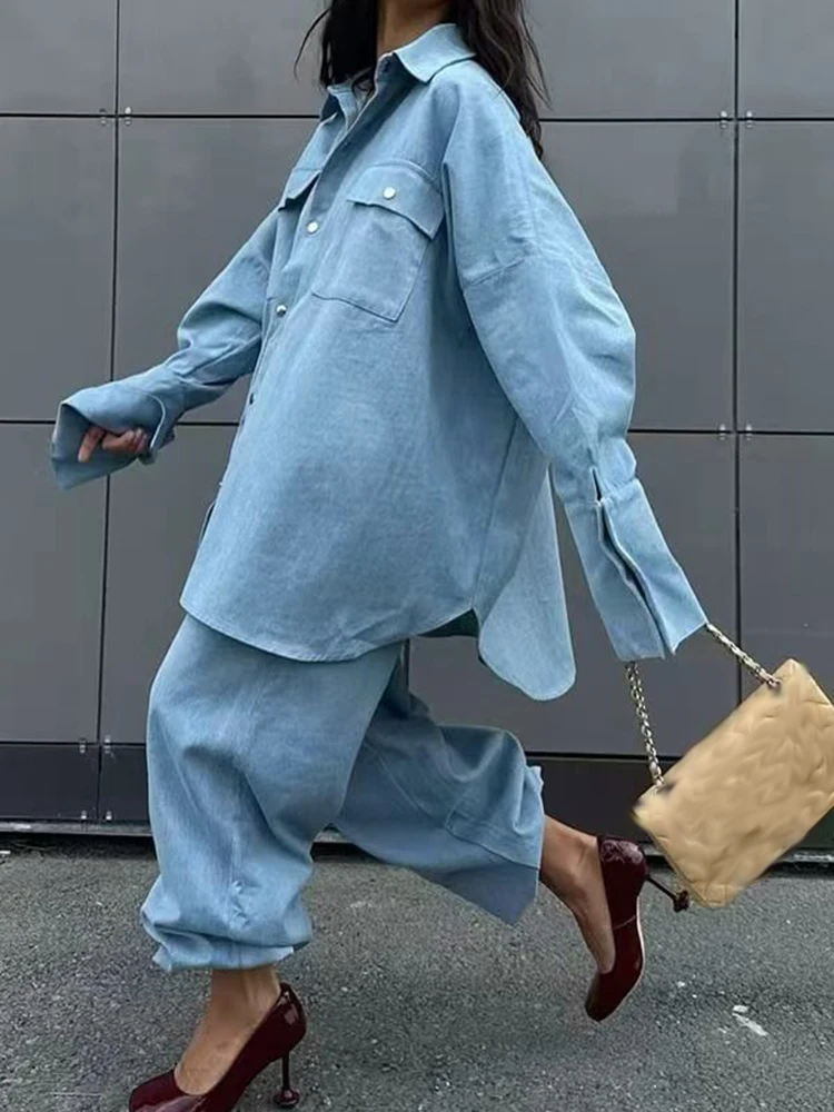 Temperament Solid Long Sleeved Suit Elegant Lapel Loose Commuting Outfit Fashion Denim Single Breasted Shirt+Pants Two Twice Set
Temperament Solid Long Sleeved Suit Elegant Lapel Loose Commuting Outfit Fashion Denim Single Breasted Shirt+Pants Two Twice Set