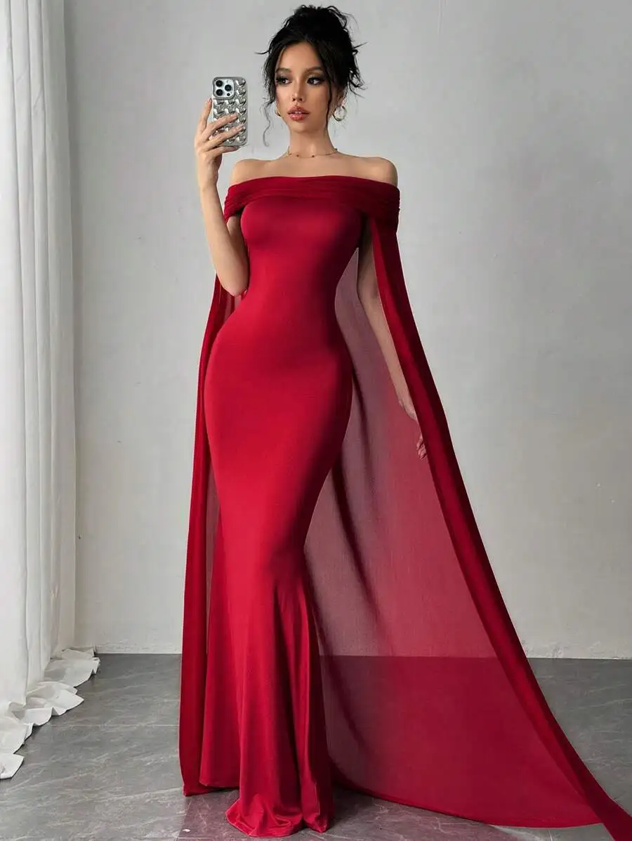 Wine Red Off Shoulder Long Mermaid Dress With Shawl Draped Collar Elegant Evening Party Dress
Wine Red Off Shoulder Long Mermaid Dress With Shawl Draped Collar Elegant Evening Party Dress