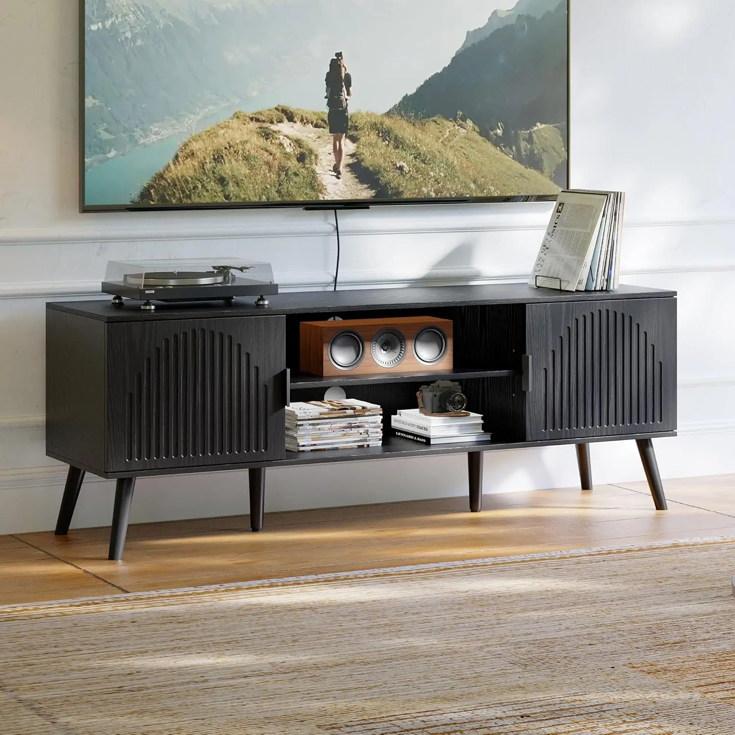 TV Stand for Living Room, Mid Century Modern TV Stand for 55/60 Inch TVs, Entertainment Center with Storage Cabinet and Open She
TV Stand for Living Room, Mid Century Modern TV Stand for 55/60 Inch TVs, Entertainment Center with Storage Cabinet and Open She