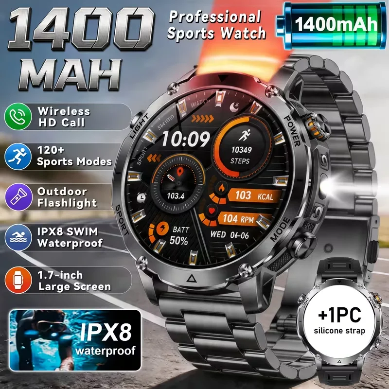 Men Sports Watch,1.7" Round HD Screen,1400mAh ,dual LED (SOS red+white),120+Sports,IPX8 Waterproof,wireless call,Birthday Gift
Men Sports Watch,1.7" Round HD Screen,1400mAh ,dual LED (SOS red+white),120+Sports,IPX8 Waterproof,wireless call,Birthday Gift