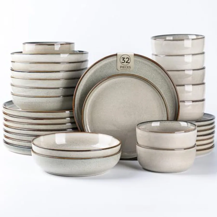 32 Pieces Double Bowls Ceramic Dinnerware Sets for 8, Stoneware Plates and Bowls Set with Reactive Glaze, Scratch Resistant Sto
32 Pieces Double Bowls Ceramic Dinnerware Sets for 8, Stoneware Plates and Bowls Set with Reactive Glaze, Scratch Resistant Sto