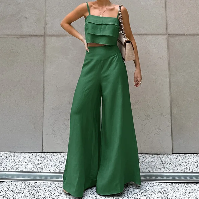Women Clothing Retro Solid Color Sleeveless Halter Vest Wide Leg Pants Set 2024 Summer Girls Fashion Casual Fresh Two Piece Set
Women Clothing Retro Solid Color Sleeveless Halter Vest Wide Leg Pants Set 2024 Summer Girls Fashion Casual Fresh Two Piece Set