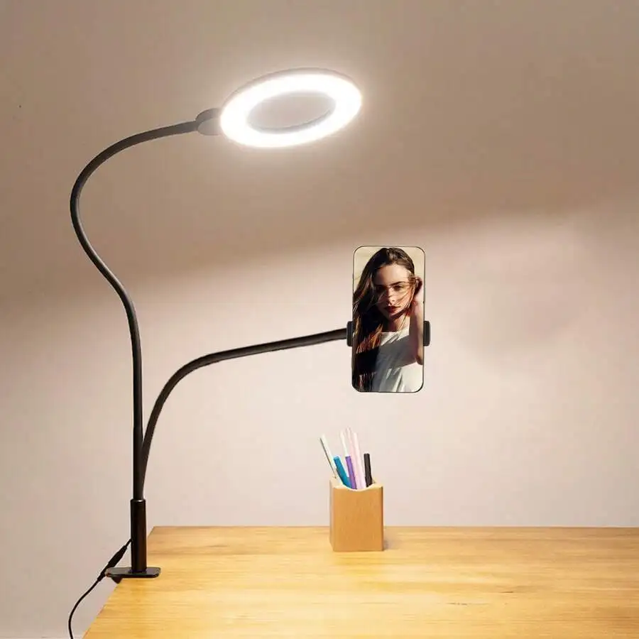 Metal Clip-On Ring Light Lamp With Phone Holder For Video Recording Reading Study
Metal Clip-On Ring Light Lamp With Phone Holder For Video Recording Reading Study
